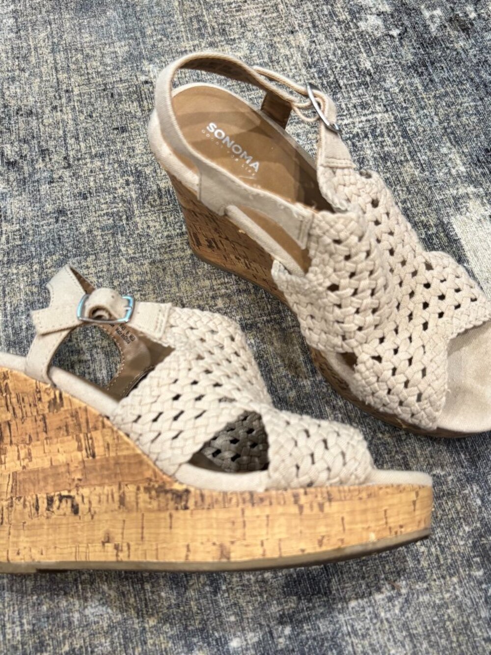 beige woven macrame cork platform wedge sandals | size 6